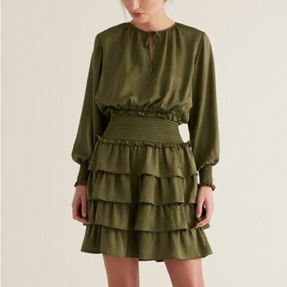 SEED HERITAGE Khaki Green Tiered Frill Long Sleeve Mini Dress - Picture 4 of 13